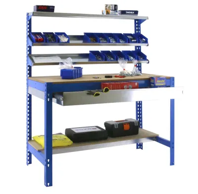 Produktbild von PROREGAL Werkbank BUFFALO mit Frontablage und Schubfach | HxBxT 84x90x61cm | Traglast 400kg | Blau