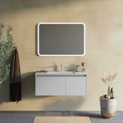 Immagine prodotto di Mobile bagno grigio chiaro opaco 100cm, lavabo, specchio led | Monaco