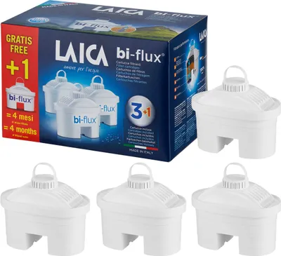 A product box with water filter cartridges shown in front of it.