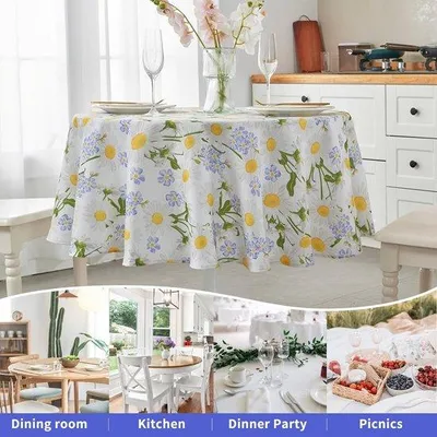 Produktbild von Rundes Tischdecken, 150 cm, waschbar, wasserdicht, stoffreundlich, mit weißen Blumen, für Küche, Esszimmer, Eßtisch, Wohnzimmertisch, Gartentisch