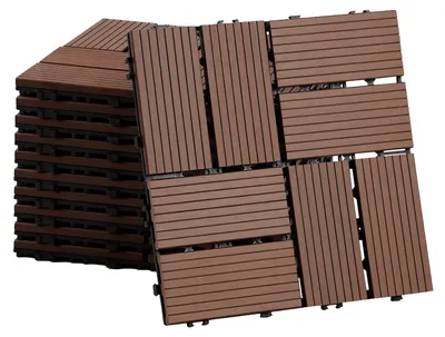Produktbild von Ikodm WPC Terrassenfliesen 10 m², 30 x 30 cm 110 Stücke, Terrassendielen mit 8 Latten in Holzoptik, für Garten Balkon Bodenbelag mit Drainage und Klicksystem, Braun