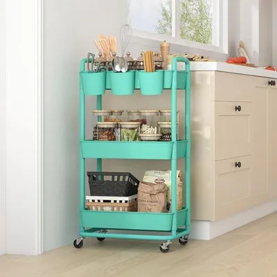 Image de Chariot en plastique à 3 étages avec accessoires, vert, pour la cuisine ou le bureau