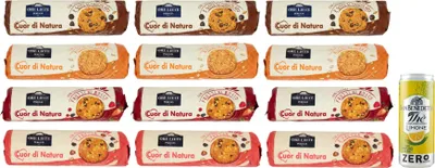 Produktbild von 12er-Pack Testpaket Ore Liete Cuor di Natura Biscotti con Cereali,Kekse mit Getreide,Ohne Zuckerzusatz,250g + 1er-Pack  San Benedetto Eistee mit Zitrone Ohne Zucker 330ml Dose