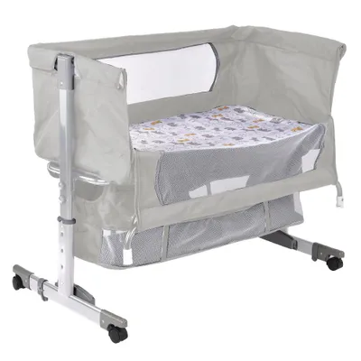 Image de Berceau Lit d'appoint Lit d'enfant avec moustiquaire et roulettes Hauteur réglable gris