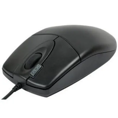 A black computer mouse is shown against a white background.