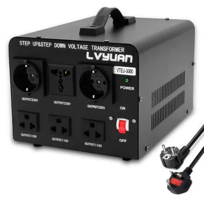 Obrázek produktu pro Měnič napětí 3000 VA, 110 Volt, USA – Transformátor s kruhovým jádrem, 3000 Watt – Přívodní kabel – Pro evropská i americká zařízení