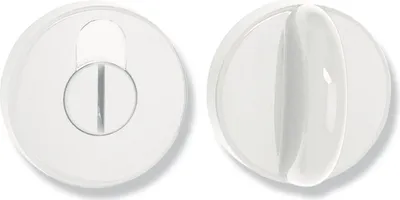 Two white circular objects, one with a slot and the other with a rounded handle, are shown against a white background.