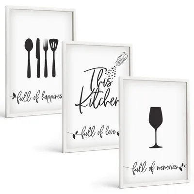 Produktbild von Bilder Set 3-teilig im weißen Rahmen – Wandbilder 3 Stück – gerahmte Poster für Wohnzimmer, Schlafzimmer und Flur – 40x60 cm – Küchenutensilienmuster