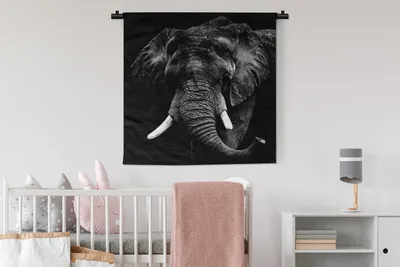 Produktbild von MuchoWow® Wandteppich Wandbehang Elefant - Tiere - Zähne - Schwarz - Weiß 90x90 cm Tapisserie Dekoration Wandtuch - Wandaufhänger