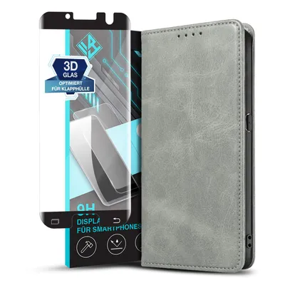 Produktbild von Handyhülle für Samsung Galaxy S7 Edge mit 9H Displayglas Kunstleder Flip Cover Hülle Handytasche Case Kartenfach Farbe: Grau