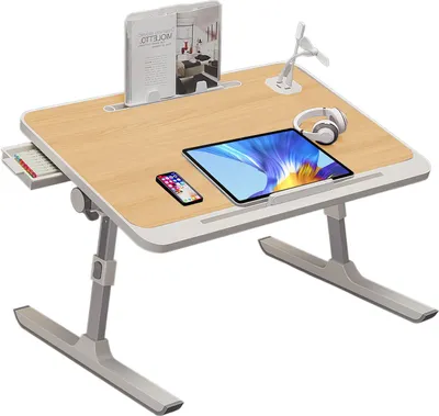 Produktbild von Laptoptisch Betttisch Laptoptisch Eco Holzplatte Verstellbarer mit Schublade(mit Buchständer Schublade Lap Stopper Tablet Schlitz Schlittenbeine