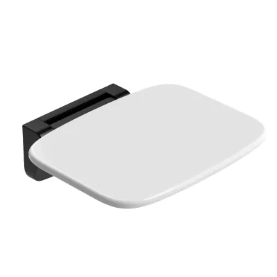 A white folding shower seat mounted on a black bracket against a white background.