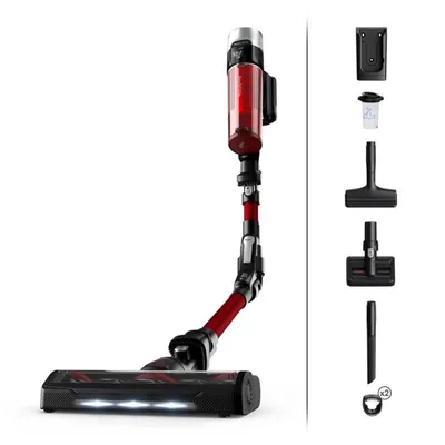 A cordless stick vacuum cleaner and its accessories are displayed against a white background.