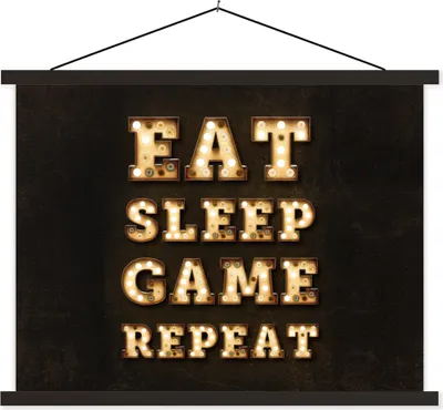 Produktbild von MuchoWow® Textilposter Spiele - Spiele - Zitate - Sprichwörter - Eat sleep game repeat 120x90 cm mit schwarzem Rahmen - Aufhänger für Poster