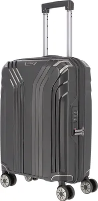 A dark gray suitcase with a telescopic handle and wheels, shown against a white background.