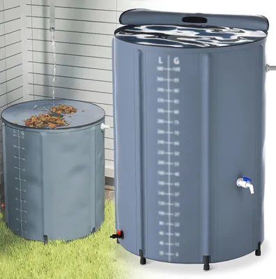 Produktbild von JOIEYOU 380 Liter Regentonne PVC Regenwassertonne Regenfass Faltbar Regenwassertank Wassertank Regenwasserfass mit Deckel, Skala und Wasserhahn, Dunkelgrau
