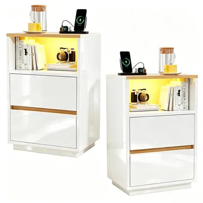 Immagine prodotto di Set di due comodini con illuminazione a LED e presa di corrente, colore bianco, dimensioni 40x30x60 cm