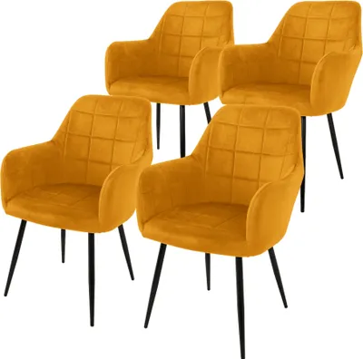 Produktbild von ML-Design 4er Set Esszimmerstühle mit Rücken- und Armlehnen, Senfgelb, Küchenstuhl mit Samtbezug, Polsterstuhl mit Metallbeinen