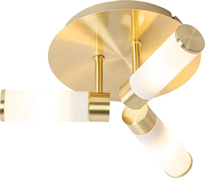 A modern brass ceiling light with three frosted glass cylindrical lamps.