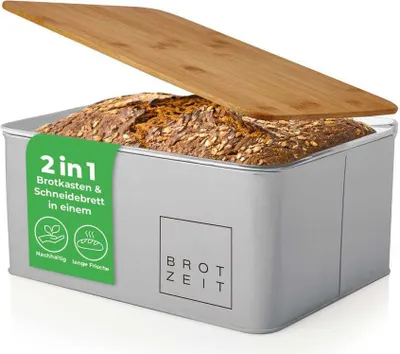 Produktbild von Lumaland Cuisine Brotkasten Brotdose aus Metall mit Bambus Deckel Brotbox Lunchbox oval 30,5 x 23,5 x 14 cm 2in1 Brotbehälter & Schneidebrett Hellgrau