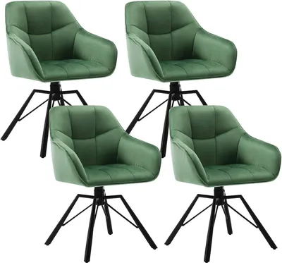 Four green velvet dining chairs with black metal legs are arranged in a grid formation against a white background.