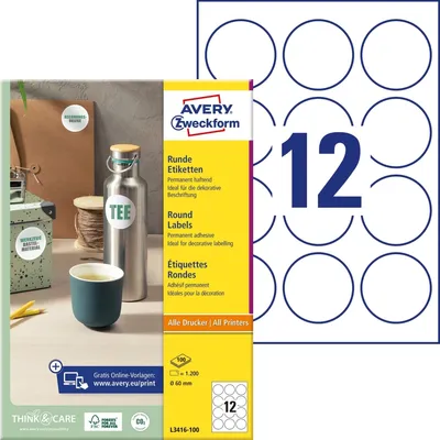 Produktbild von Avery Zweckform - Etikett Zweckform L3416 rund 60mm weiß 1200 Stück