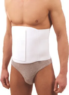 A man wearing a white abdominal binder.