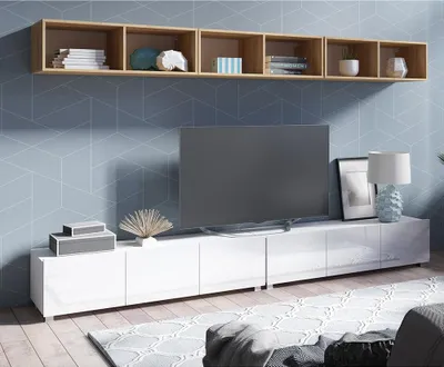 Produktbild von Moderne Wohnwand in weiß Hochglanz mit Artisan Eiche Nb. CAIRNS-132, B/H/T ca. 300/200/43 cm