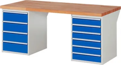 Produktbild von Werkbank mit 10 Schubladen - Vollauszug - 120:6 / 180:4 - 840 x 2.000 x 900 mm (HxBxT) - Traglast 1.000 kg - Buche
