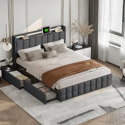 Obrázek produktu pro Čalouněná postel – manželská postel – 160 × 200 cm – úložný prostor se 4 zásuvkami – rošt – sametový potah – kovový rám – šedá