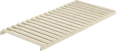 A wooden bed frame with slats, shown from a diagonal angle.