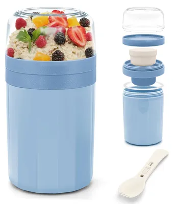 Produktbild von Müslibecher to Go - Auslaufsicher mit Löffel und Soßenbox - Für Joghurt und Müsli - 520ML + 250ML Blau