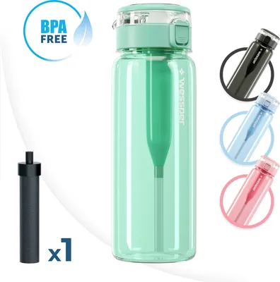 Zdjęcie produktu dla Butelka do picia Wessper Tritan bez BPA z filtrem 680 ml | Miętowa elegancka sportowa butelka na wodę | Szczelna butelka sportowa na siłownię rower szkoła dzieci turystyka sportowa | Filtr do butelki na wodę z węglem aktywnym