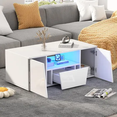 Produktbild von STILVORA Couchtisch mit Schublade und 2 schränke,Kaffeetisch mit LED-Beleuchtung&offenem Stauraum,Beistelltisch mit Hochglanz,Weiß