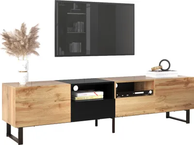 Immagine prodotto di Fortuna Lai Mobile TV moderno in nero e legno, 190 x 38 x 48 cm, 2 ante, 2 cassetti, ripiani aperti