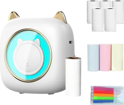 Obrázek produktu pro Mini kapesní tiskárna, přenosná termotiskárna, bezdrátové BT připojení, 203 DPI, pro obrázkové štítky, seznamy pro kutily, poznámky, deník, účtenky, okamžité samolepky, 6 rolí termopapíru, 3 kusy barevného termopapíru, 57 x 25 mm, 5 kusů barevných fixů, dárek pro děti, studium, práci, kancelář, kompatibilní se systémem Android iOS