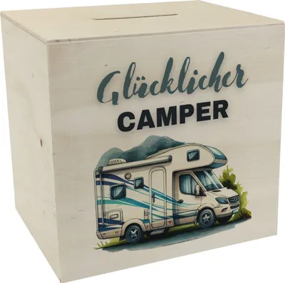 Produktbild von Wohnmobil Spardose aus Holz mit Spruch Glücklicher Camper
