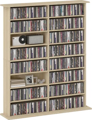 Image de HOMCOM Rangements pour CD et DVD, meuble de rangement multimédia, capacité max. 720 CD/396 DVD et Blu-ray, 16 compartiments et 12 étagères réglables, pour salon, chambre, 106,5x24x126,3cm, naturel