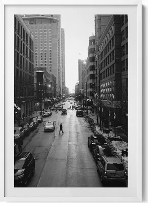 Produktbild von Schwarze und weiße Straßen von Chicago– Wandbild mit Rahmen – Gerahmtes Bild  – Wanddekoration – 70x100 cm –  Weiß Rahmen