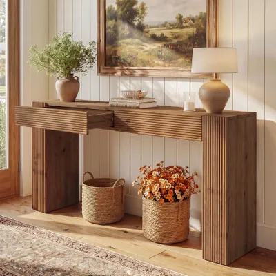 Immagine prodotto di Tavolino consolle in legno massello da 160 cm con cassetti, tavolino da divano in stile rustico, tavolino d'ingresso sagomato con spazio contenitivo, tavolino laterale stretto e lungo