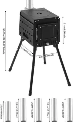 Produktbild von Tragbarer, zusammenklappbarer Holzofen - 8 kg Gewicht - Kohlenstoffstahl - Schwarz - Für Camping und Outdoor-Kochen