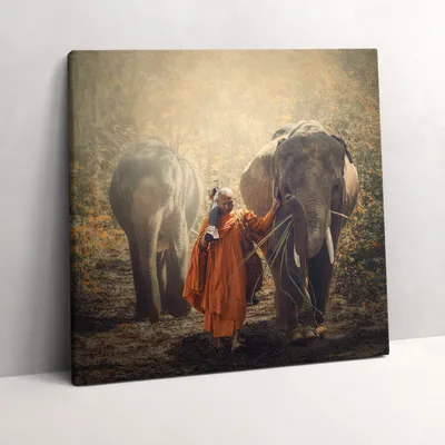 Produktbild von Monk and elephants – Leinwandbild Wandbild – 60x60 cm – Leinwandbilder – Wandbilder – Schlafzimmer – Flur