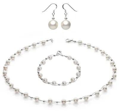 Produktbild von Perlenkette Collier Armband Ohrringe Schmuck-Set weiß echte Perlen Hochzeit Damen Frauen Brautschmuck
