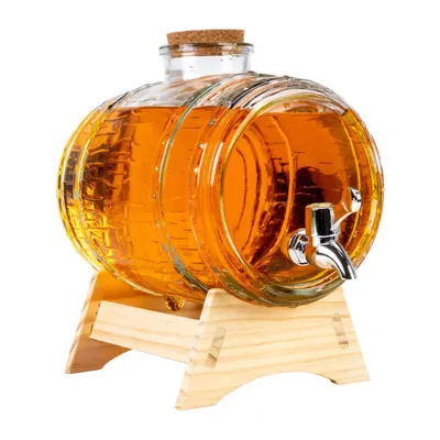 Zdjęcie produktu dla SUPERBUTELKI - 1x BECZKA SZKLANA "żłobiona" beczułka z kranikiem 3 L na stojaku na bimber, do whisky