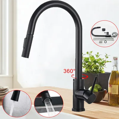 Produktbild von MODFU Wasserhahn Küche 360° Küchenarmatur mit Ausziehbarer Brause Spültischarmatur aus Edelstahl Mischbatterie Küche mit Dual-Spülbrause Schwarz