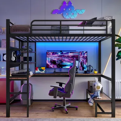 Produktbild von Gaming Hochbett 140x200 cm mit Schreibtisch, LED-Beleuchtung & USB-C Steckdose, Metallbett für Jugendliche & Erwachsene, Schwarz, ohne Matratze