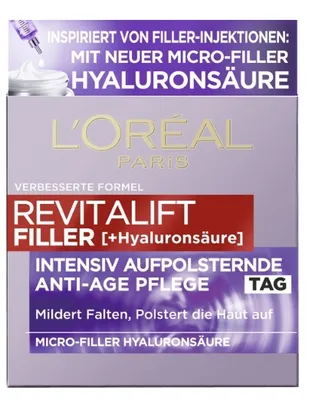 The image shows the packaging of a L'Oréal Paris Revitalift Filler product.