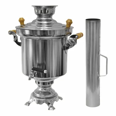 A stainless steel samovar with a chimney is displayed against a white background.