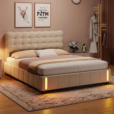 A bedroom scene with a bed, nightstand, and coat rack.