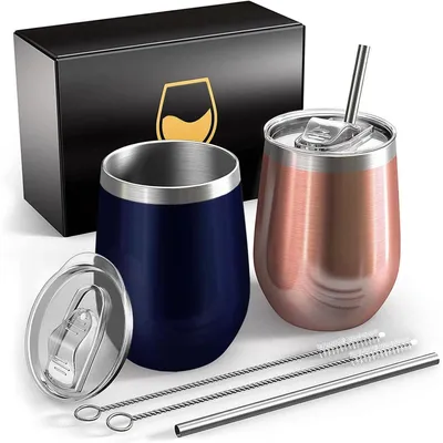 Obrázek produktu pro Dva cestovní sklenice z nerezové oceli, objem (12 oz), s vakuovou izolací (5 hodin horké, 10 hodin studené), bez BPA, tmavě modré a růžové zlaté barvy